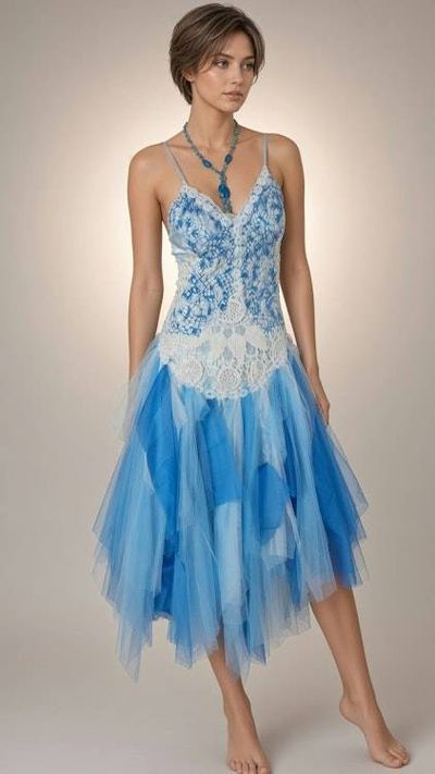 Primary image for Blue and white lace tulle and crochet cocktail dress with corset style back