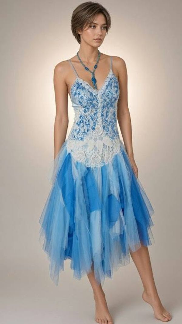 Alternate image for Blue and white lace tulle and crochet cocktail dress with corset style back