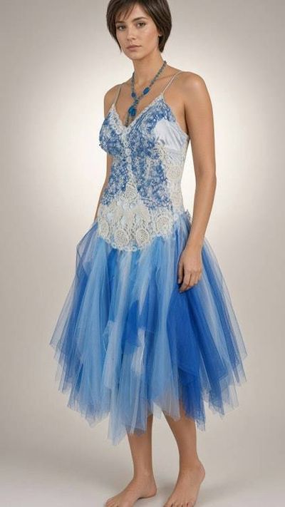 Alternate image for Blue and white lace tulle and crochet cocktail dress with corset style back
