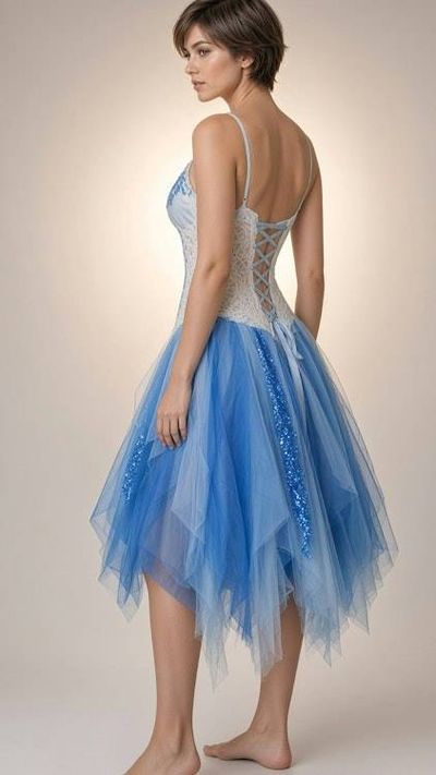 Alternate image for Blue and white lace tulle and crochet cocktail dress with corset style back
