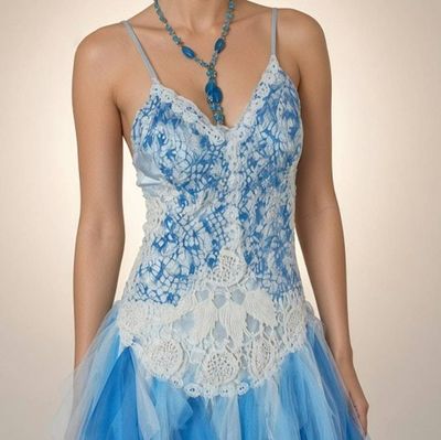 Alternate image for Blue and white lace tulle and crochet cocktail dress with corset style back