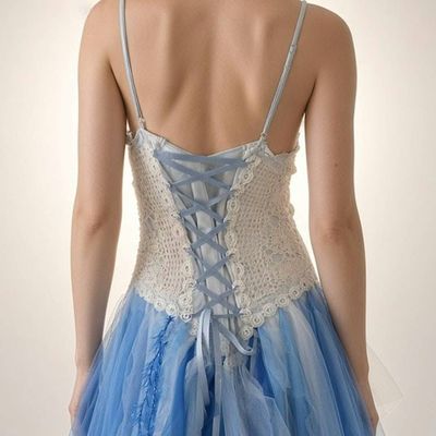 Alternate image for Blue and white lace tulle and crochet cocktail dress with corset style back