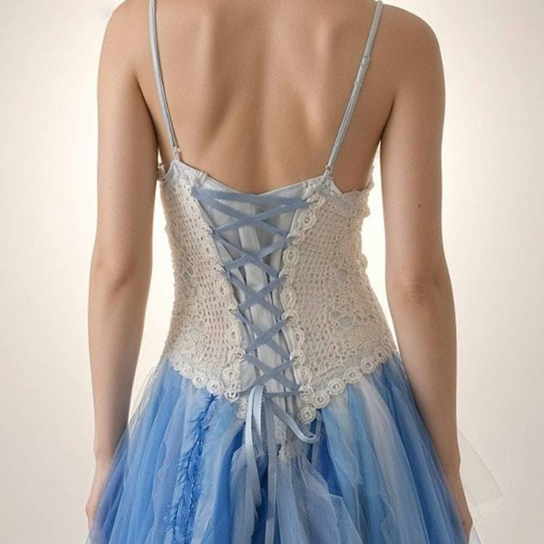 Alternate image for Blue and white lace tulle and crochet cocktail dress with corset style back