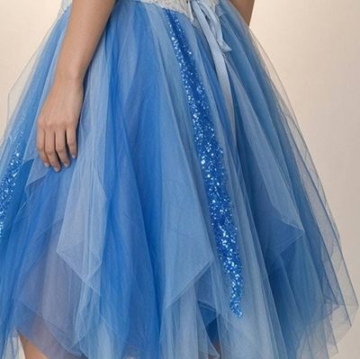 Alternate image for Blue and white lace tulle and crochet cocktail dress with corset style back