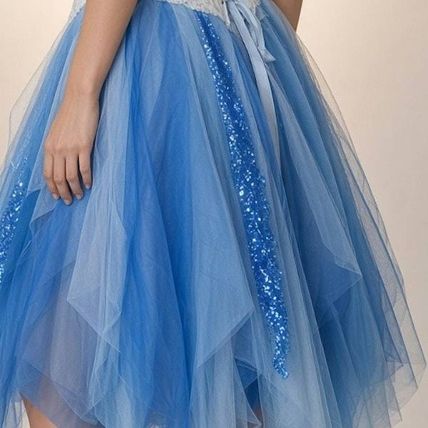 Alternate image for Blue and white lace tulle and crochet cocktail dress with corset style back
