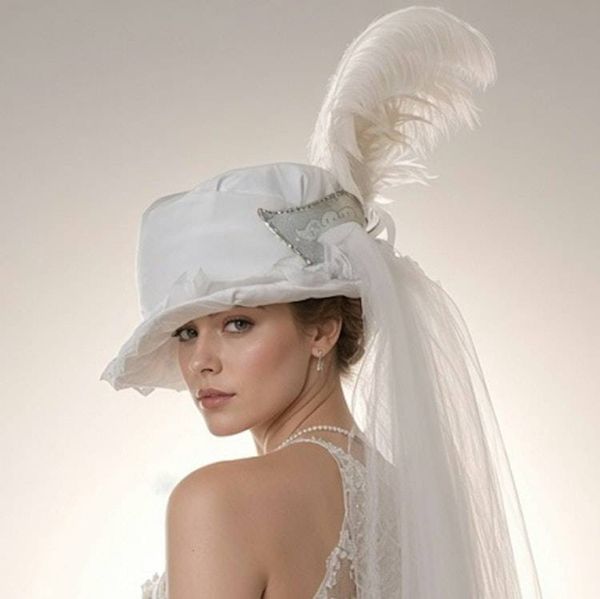 Alternate image for Handcrafted Ethereal White Wedding Dress with Dramatic Top Hat and Veil