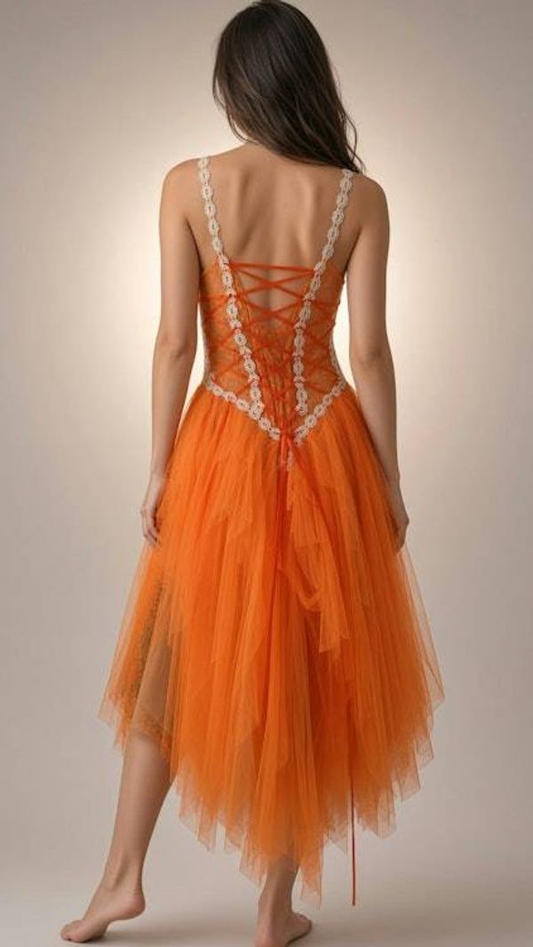 Alternate image for Handcrafted Orange Sequined Bodice Dress with Tulle Skirt and Corset Back