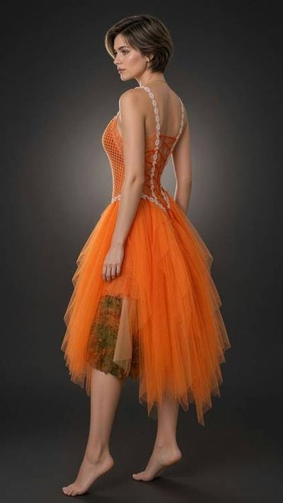 Alternate image for Handcrafted Orange Sequined Bodice Dress with Tulle Skirt and Corset Back