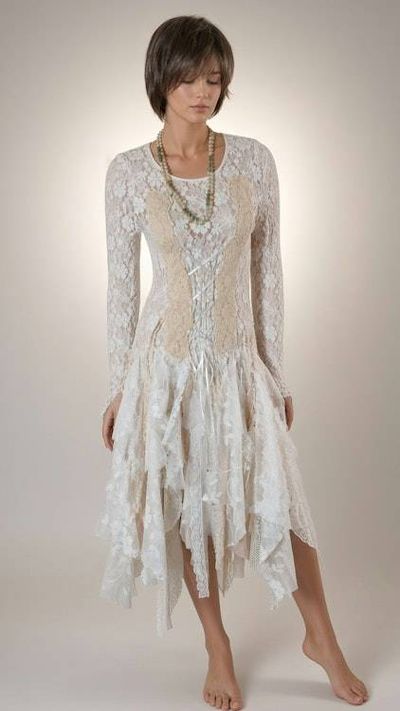 Primary image for Handcrafted Ivory Lace Dress with Asymmetrical Hem and Long Sleeves