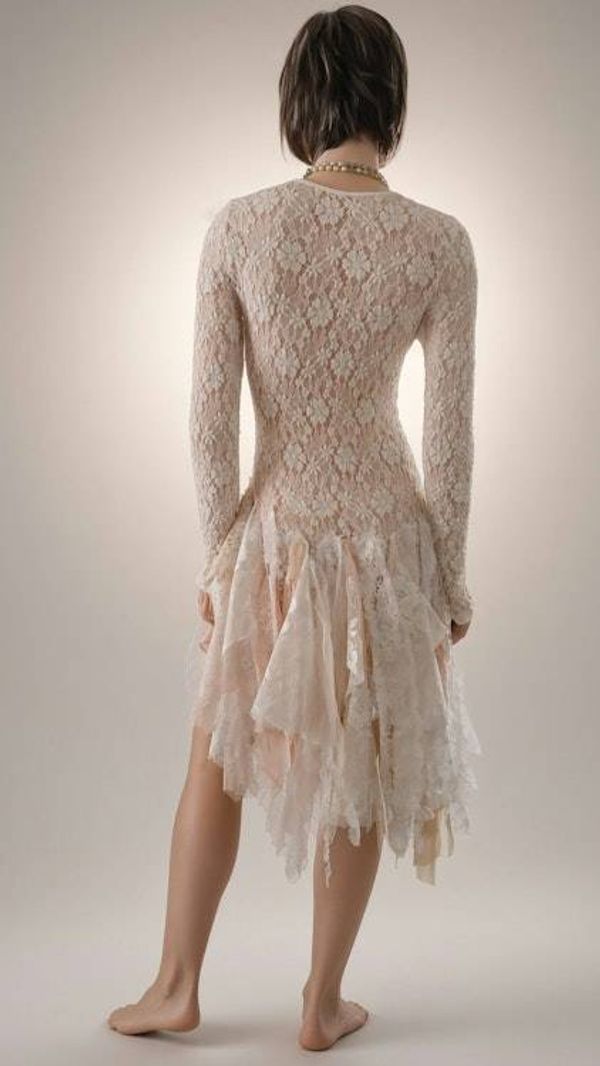 Alternate image for Handcrafted Ivory Lace Dress with Asymmetrical Hem and Long Sleeves