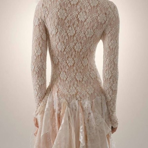 Alternate image for Handcrafted Ivory Lace Dress with Asymmetrical Hem and Long Sleeves