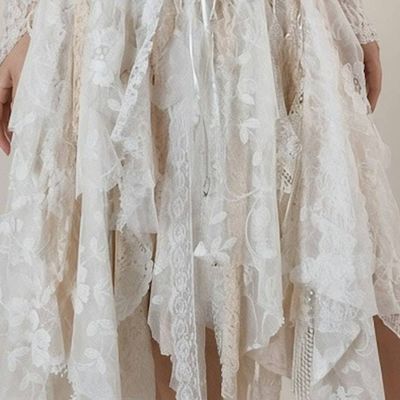 Alternate image for Handcrafted Ivory Lace Dress with Asymmetrical Hem and Long Sleeves
