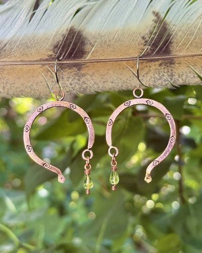 Alternate image for Abstract Copper Serpent Hoop Earrings with Peridot Gemstones