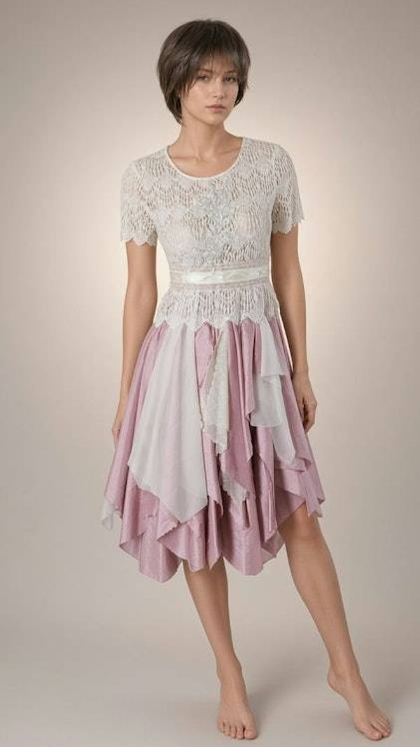 Alternate image for Handkerchief hem pink and ivory lace bodice dress with tie waist