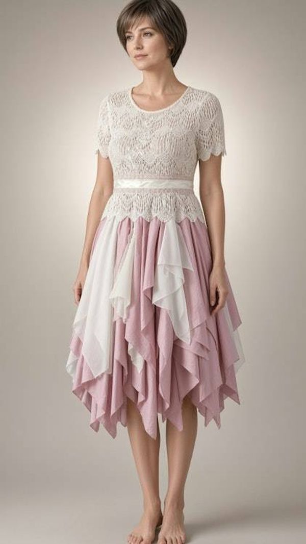 Alternate image for Handkerchief hem pink and ivory lace bodice dress with tie waist