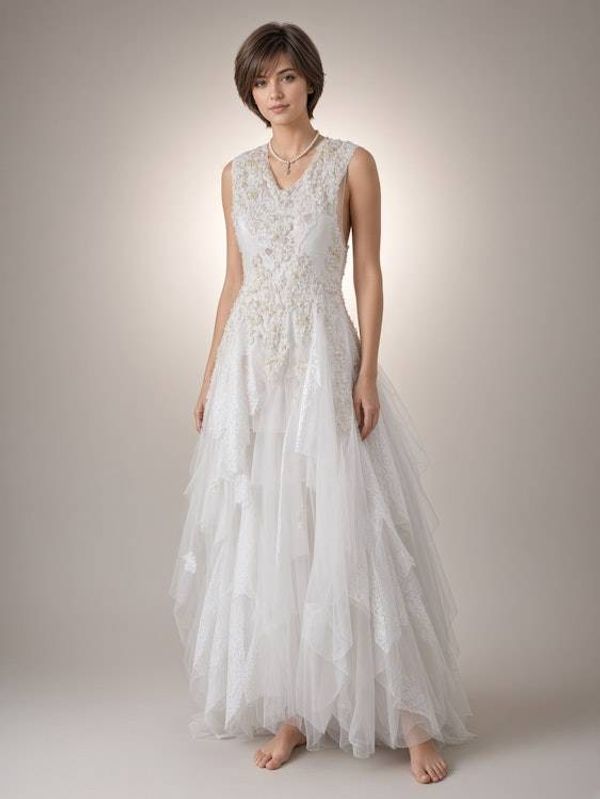 Alternate image for Handcrafted Embellished Tulle and Lace Wedding Gown with V-Neckline