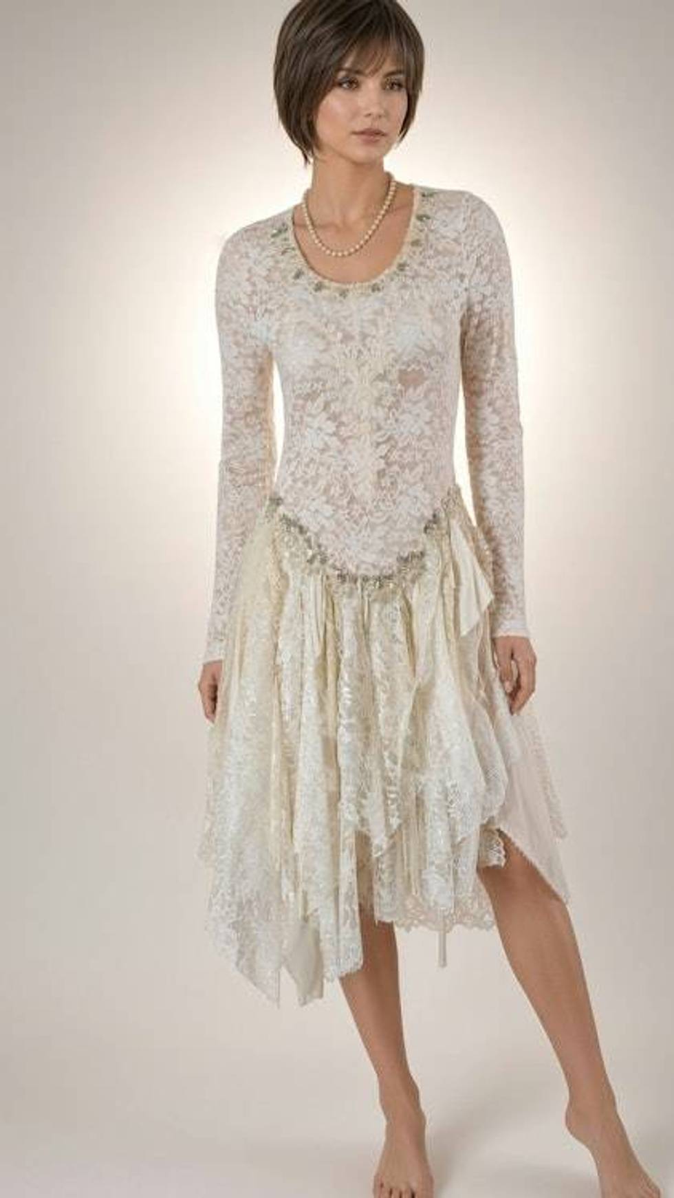Vintage Inspired Ivory Lace Dress with Handkerchief Hem