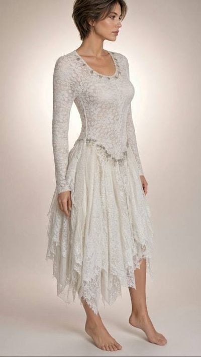 Alternate image for Vintage Inspired Ivory Lace Dress with Handkerchief Hem