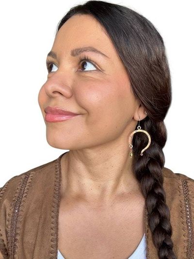 Alternate image for Abstract Copper Serpent Hoop Earrings with Peridot Gemstones