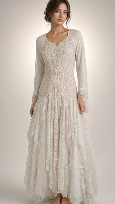 Primary image for Ethereal handkerchief hem lace dress with fringed sleeves and romantic back detail