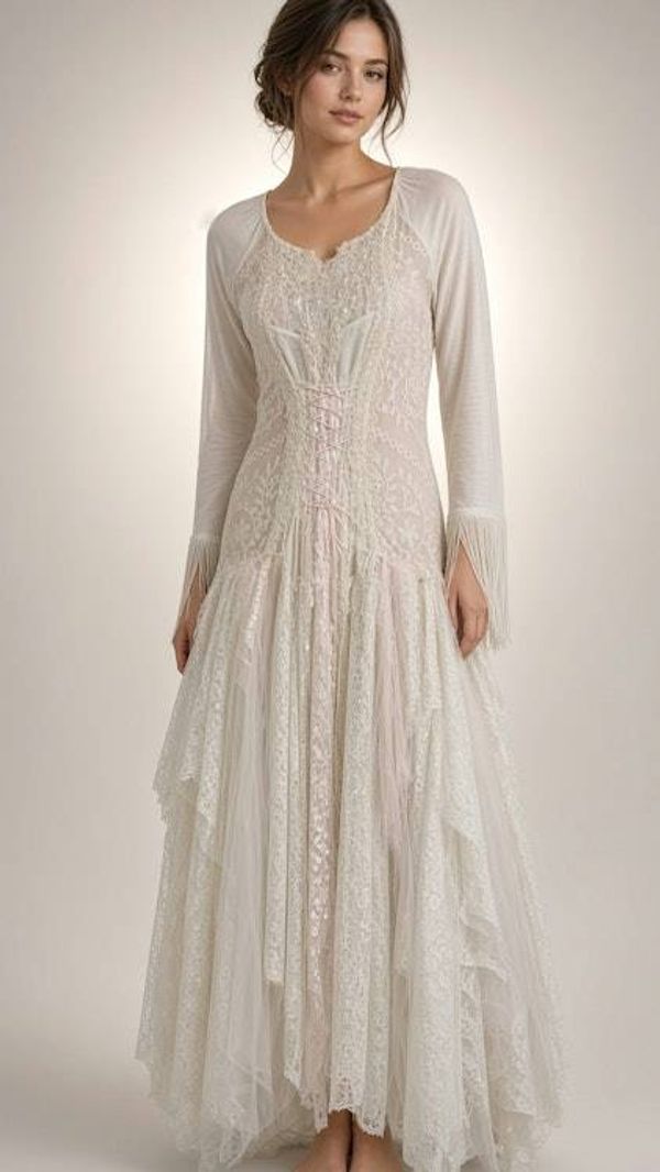 Alternate image for Ethereal handkerchief hem lace dress with fringed sleeves and romantic back detail