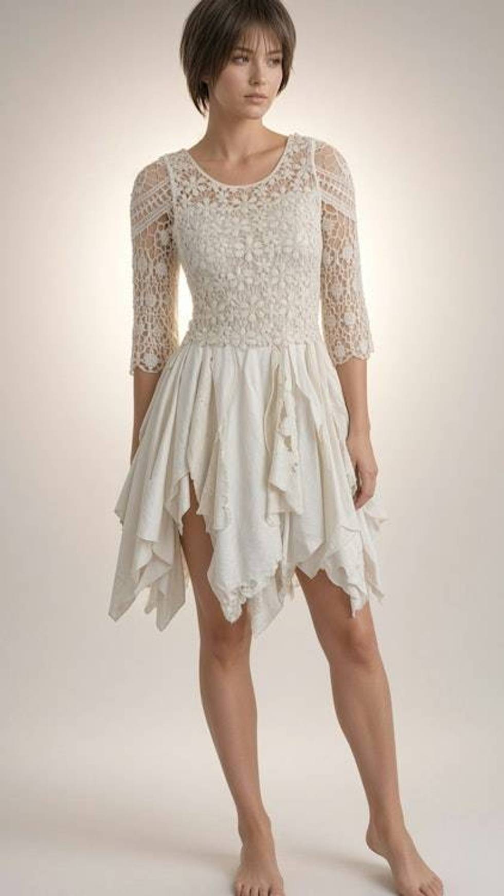 Handcrafted ethereal ivory linen dress with asymmetric hem