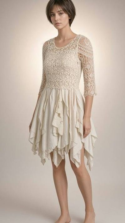 Alternate image for Handcrafted ethereal ivory linen dress with asymmetric hem