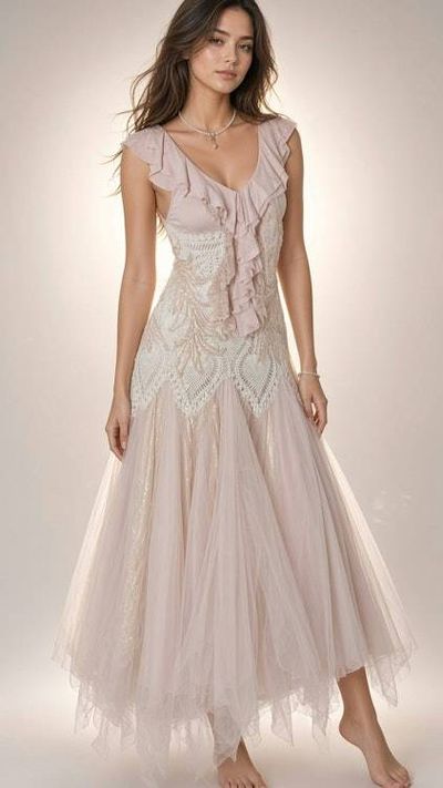 Primary image for Romantic blush pink tulle dress with ruffled neckline and embellished bodice