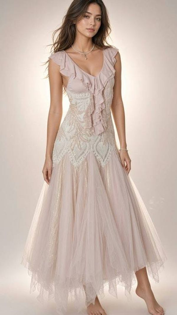 Alternate image for Romantic blush pink tulle dress with ruffled neckline and embellished bodice