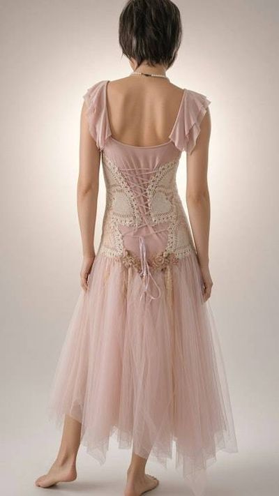 Alternate image for Romantic blush pink tulle dress with ruffled neckline and embellished bodice