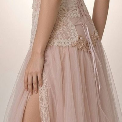 Alternate image for Romantic blush pink tulle dress with ruffled neckline and embellished bodice