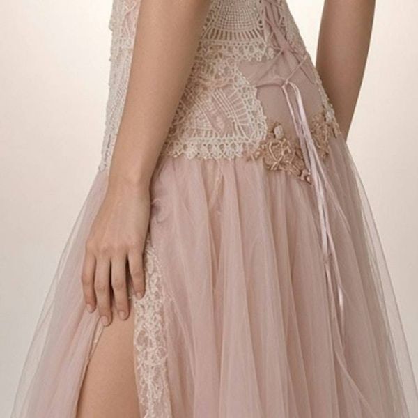 Alternate image for Romantic blush pink tulle dress with ruffled neckline and embellished bodice