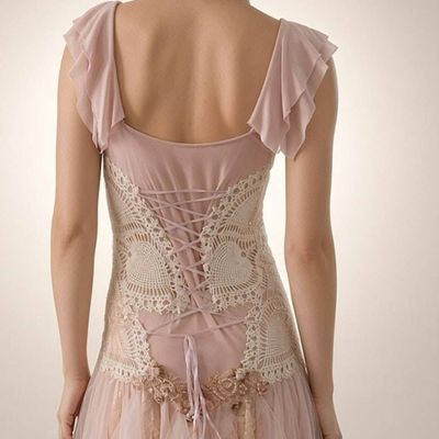 Alternate image for Romantic blush pink tulle dress with ruffled neckline and embellished bodice