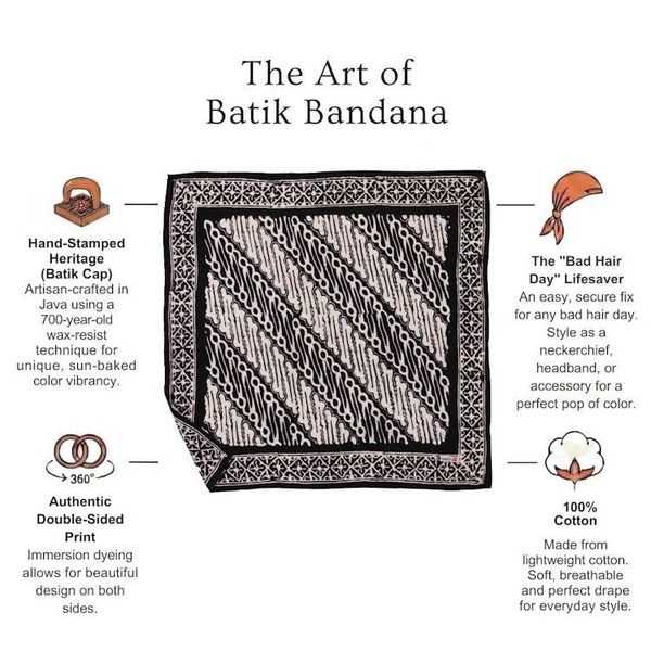 Alternate image for Hand Dyed Batik Bandana, 100% Soft Cotton, Liris in Black, White, Monochromatic