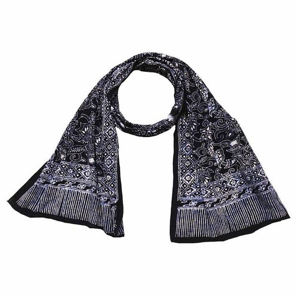 Alternate image for Handmade Batik Scarf, 100% Soft Cotton, Wings, Black, Dark Blue, No Fringe
