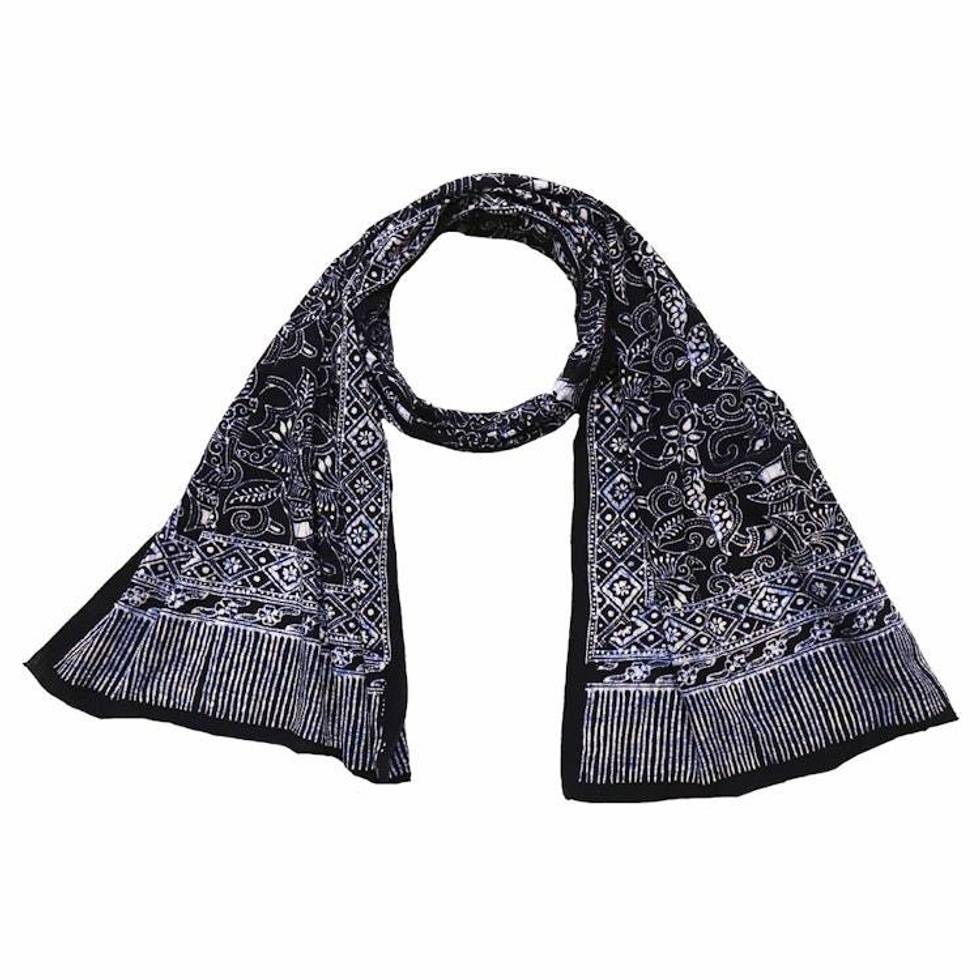 Handmade Batik Scarf, 100% Soft Cotton, Wings, Black, Dark Blue, No Fringe