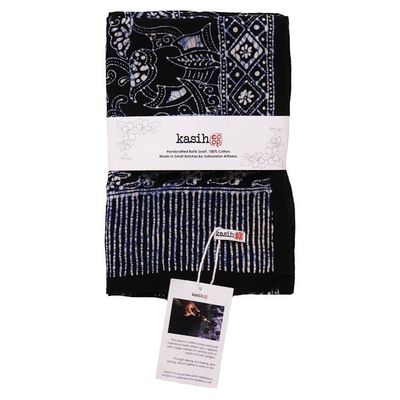 Alternate image for Handmade Batik Scarf, 100% Soft Cotton, Wings, Black, Dark Blue, No Fringe