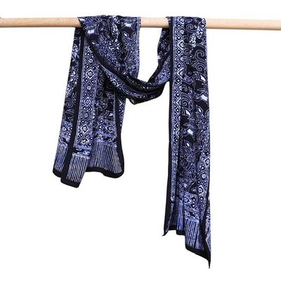 Alternate image for Handmade Batik Scarf, 100% Soft Cotton, Wings, Black, Dark Blue, No Fringe