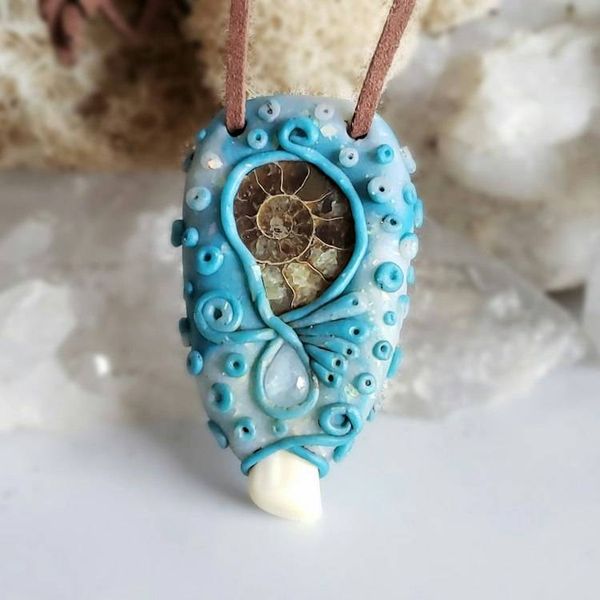 Alternate image for Ammonite, Elk Ivory and Rainbow Moonstone Pendant