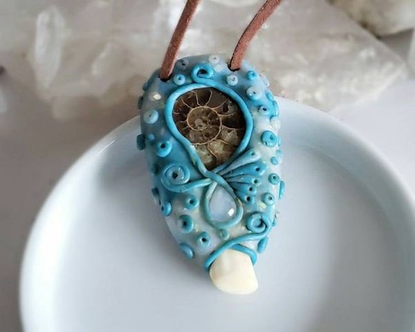 Alternate image for Ammonite, Elk Ivory and Rainbow Moonstone Pendant