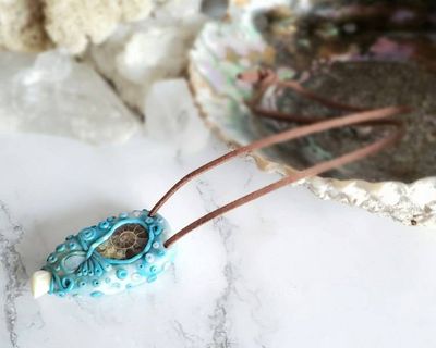 Alternate image for Ammonite, Elk Ivory and Rainbow Moonstone Pendant
