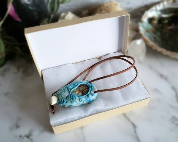 Alternate image for Ammonite, Elk Ivory and Rainbow Moonstone Pendant