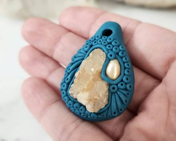 Alternate image for Quartz Cluster and Pearl Polymer Clay Pendant