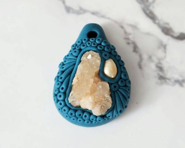 Alternate image for Quartz Cluster and Pearl Polymer Clay Pendant