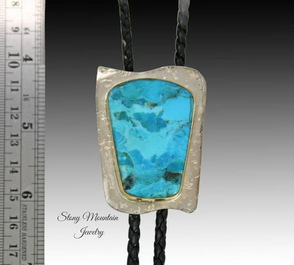 Alternate image for Handcrafted Kingman Turquoise Bolo Tie, Nickel Silver & Brass, Western Formal Wear, Essential Metals Collection