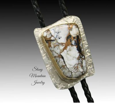 Primary image for Handcrafted Custom Wedding Bolo Tie, Unique White Buffalo Matrix Bolo Tie in Nickel Silver & Brass, Essential Metals Collection