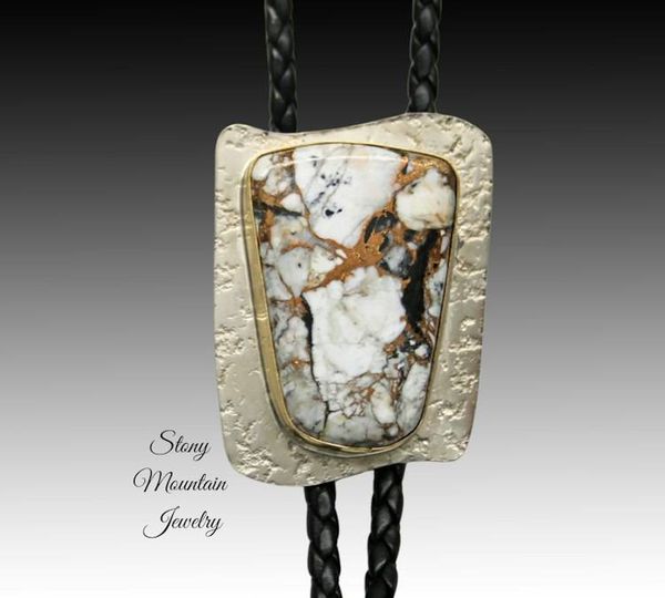 Alternate image for Handcrafted Custom Wedding Bolo Tie, Unique White Buffalo Matrix Bolo Tie in Nickel Silver & Brass, Essential Metals Collection