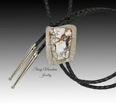 Alternate image for Handcrafted Custom Wedding Bolo Tie, Unique White Buffalo Matrix Bolo Tie in Nickel Silver & Brass, Essential Metals Collection