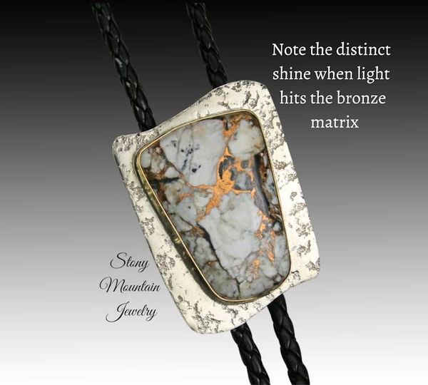 Alternate image for Handcrafted Custom Wedding Bolo Tie, Unique White Buffalo Matrix Bolo Tie in Nickel Silver & Brass, Essential Metals Collection