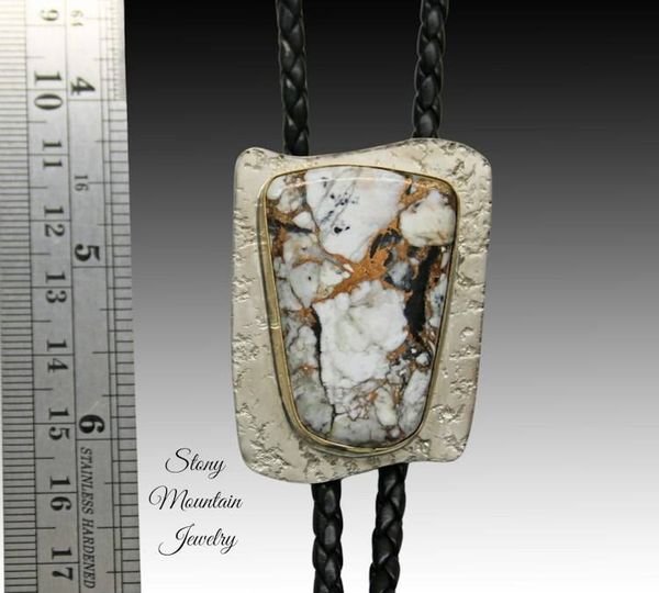 Alternate image for Handcrafted Custom Wedding Bolo Tie, Unique White Buffalo Matrix Bolo Tie in Nickel Silver & Brass, Essential Metals Collection